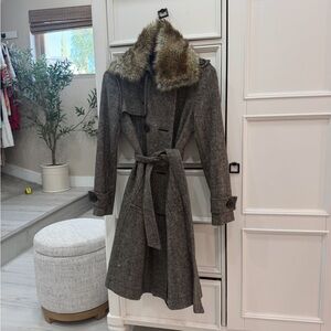 Gap wool blend herringbone Coat with detachable Faux Fur Collar sz S